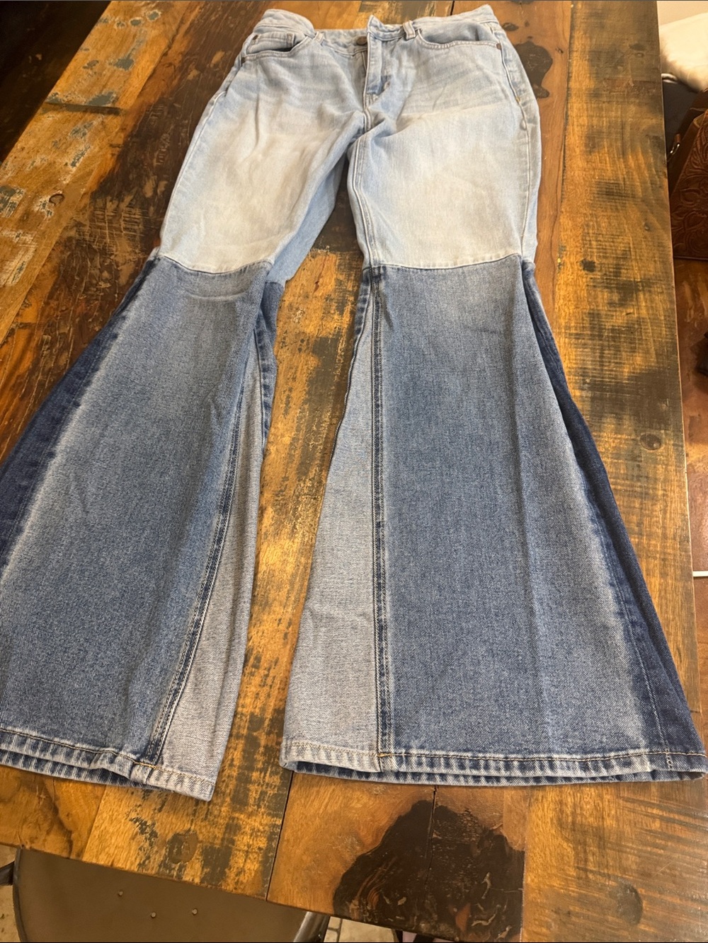 Shyanne- Patchwork Two-Tone Blue Flare Jeans
